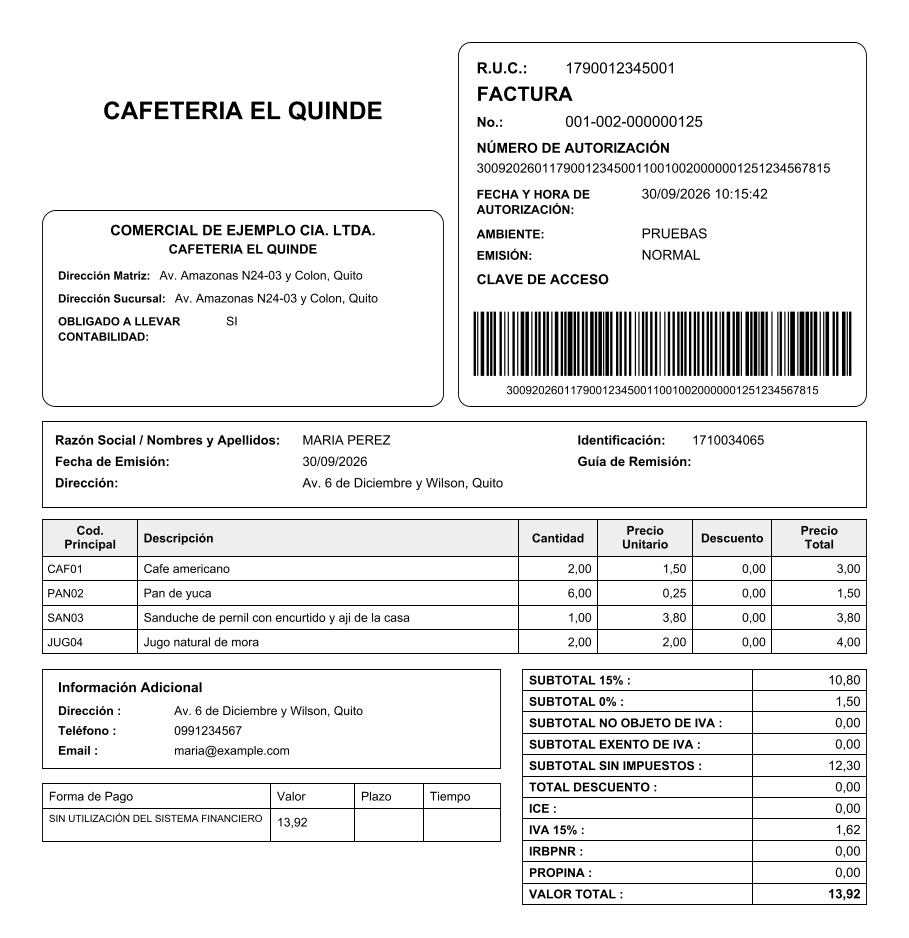 Factura en PDF con el formato del SRI