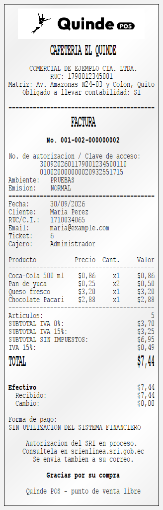 Ticket impreso con los datos de la factura electrónica